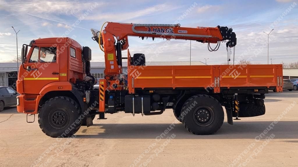 Бортовой КамАЗ 43502 4x4 с КМУ Hangil HGC 515 с навесным буровым оборудованием Фото №1